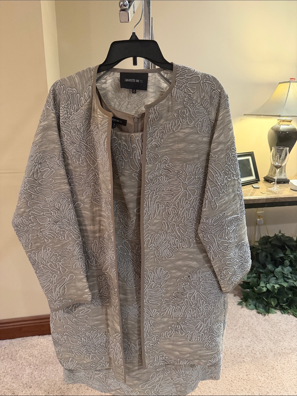 Lafayette 148 New York Taupe Embroidered Open-Front Jacket